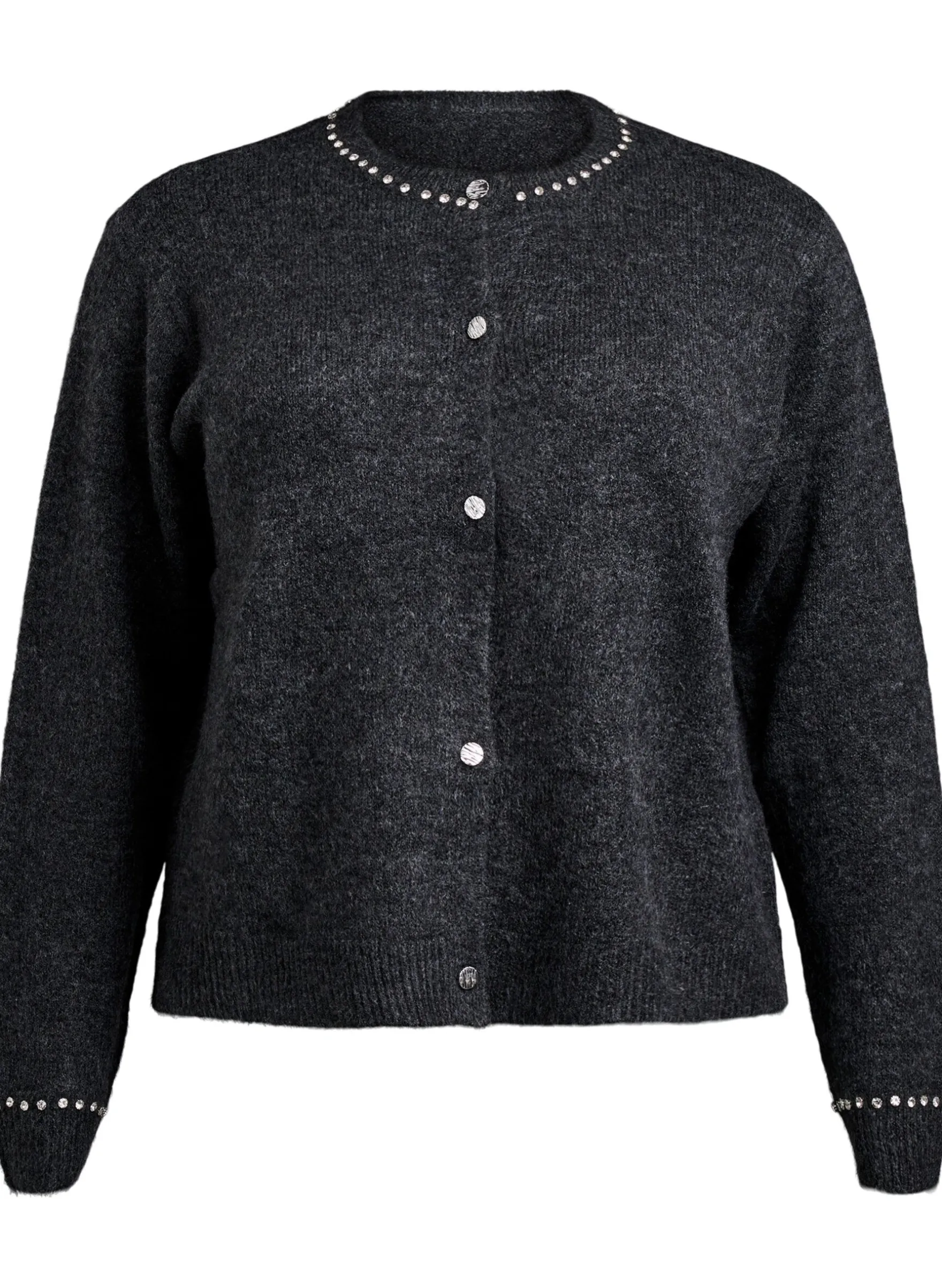 Strickjacke mit Strasssteinen und Zierknöpfen