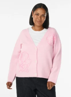 Strickjacke mit V-Ausschnitt und aufgestickten Blumen