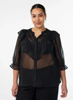 Transparente Hemdbluse mit Punkten und Rüschendetails