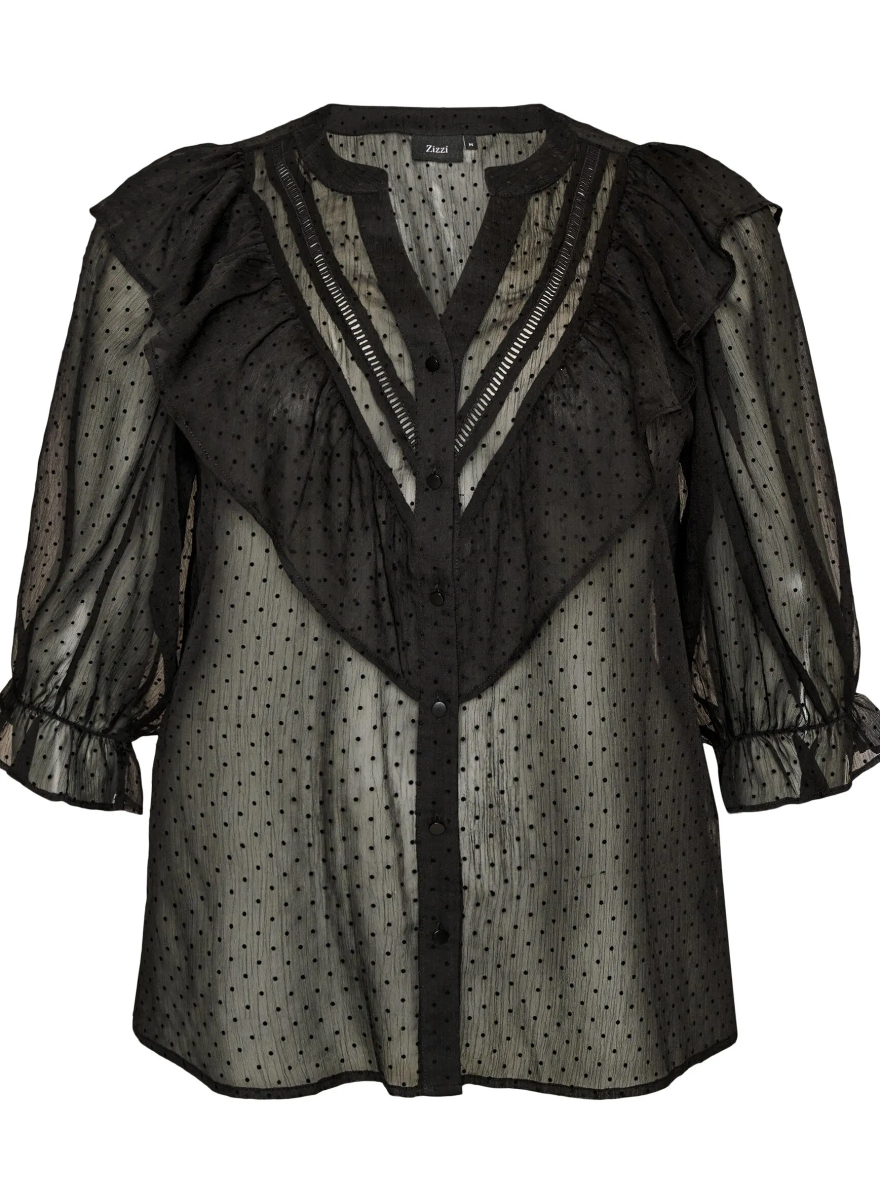 Transparente Hemdbluse mit Punkten und Rüschendetails