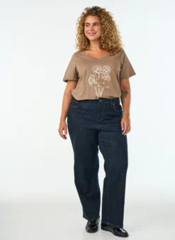 T-Shirt aus Baumwolle mit Frontprint und V-Ausschnitt