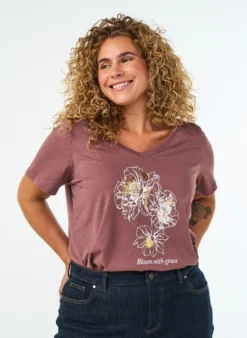 T-Shirt aus Baumwolle mit Frontprint und V-Ausschnitt