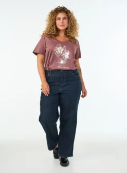 T-Shirt aus Baumwolle mit Frontprint und V-Ausschnitt