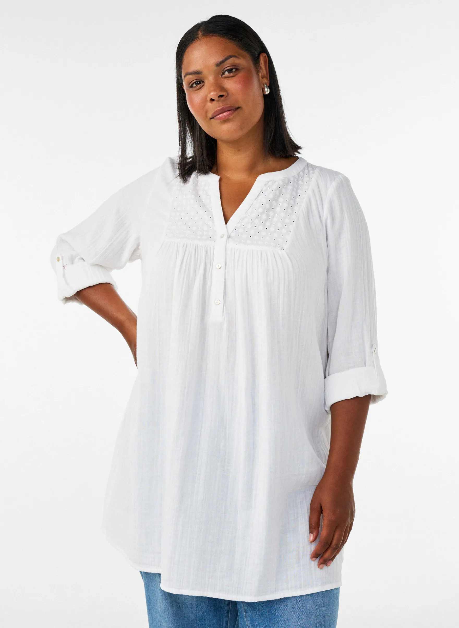 Tunika aus Baumwollmusselin mit Broderie Anglaise