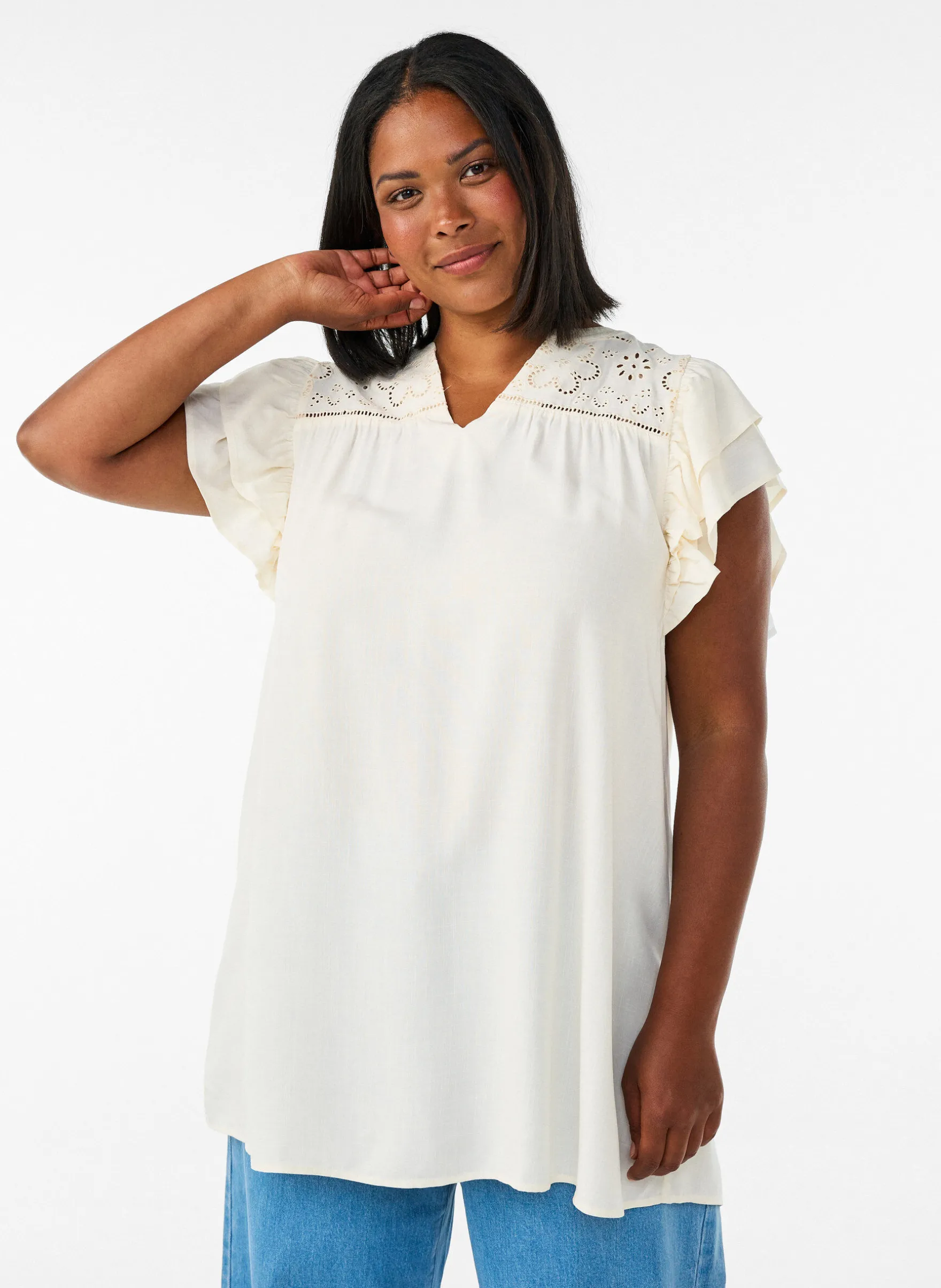 Tunika mit Broderie Anglaise und Rüschenärmeln