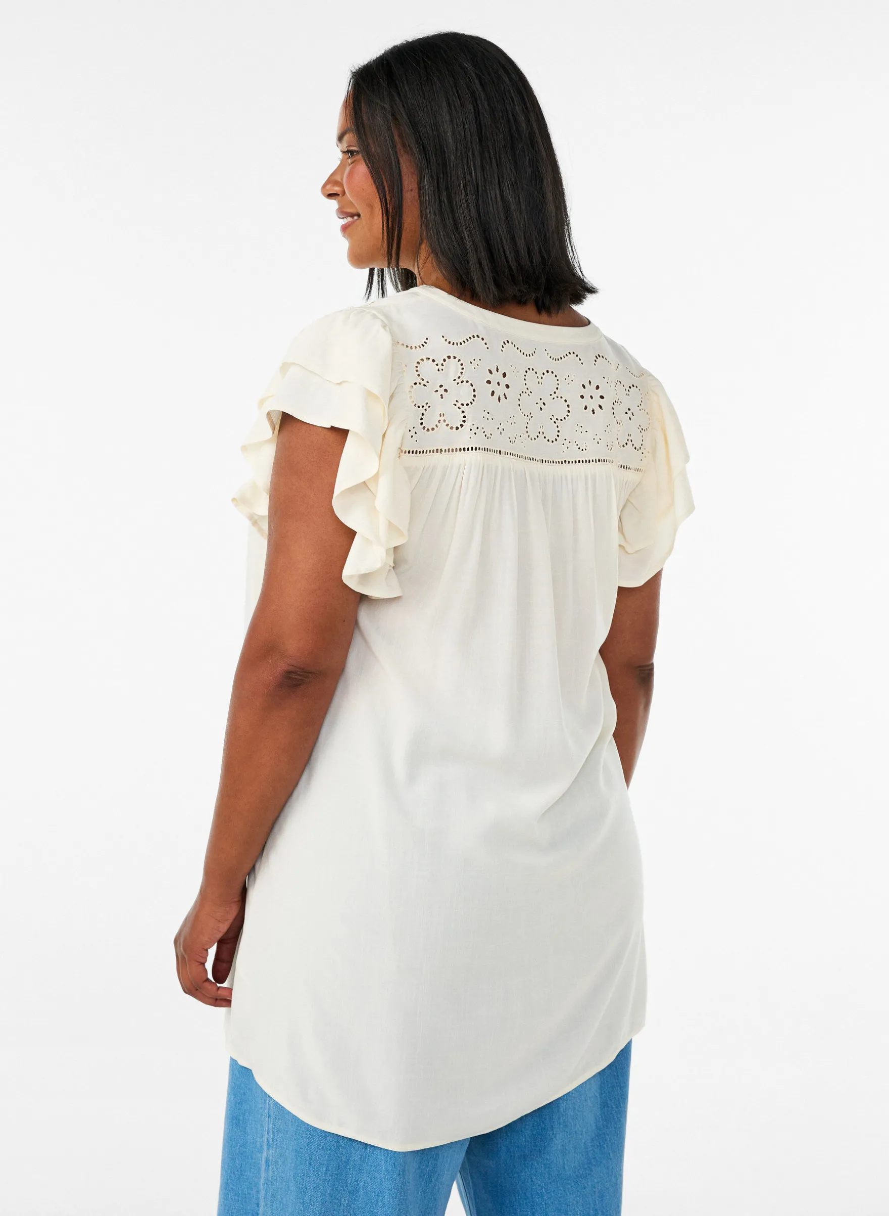 Tunika mit Broderie Anglaise und Rüschenärmeln