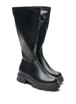 Weiter Passform - Langschaftstiefel aus Kunstleder mit klobiger Sohle
